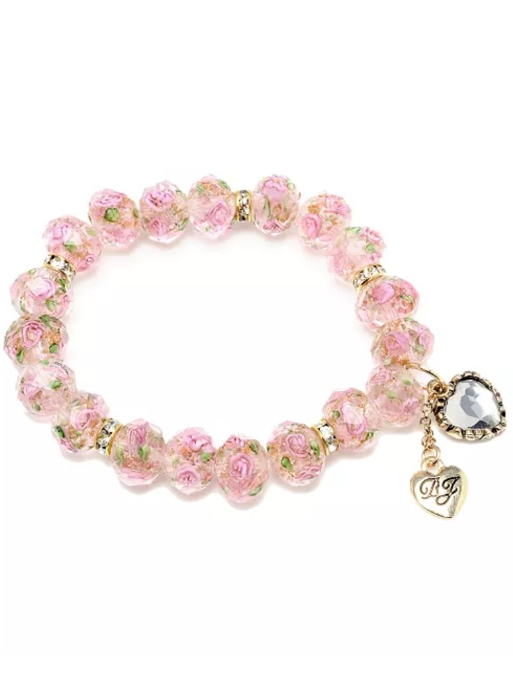 Betsey Johnson Pink Floral Glass Bead Stretch Bracelet with Heart Charm